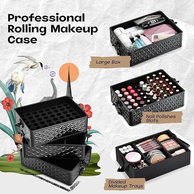 5 in 1 Makeup Train Case, Cosmetology Case on Wheels Travel Make up Case Rolling Nail Cart Makeup Organizer Cosmetic Storage Box Cases Extra Large Trolley Truck with 360° Swivel Wheels, Black