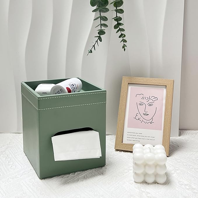 PU Leather Tissue Box Cover Square, Modern Tissue Holder with Storage Valet Tray, Nightstand Decorative Tissues Case, Facial Tissue Box Holder for Bathroom,Bedroom,Livingroom and Office (Light Green)