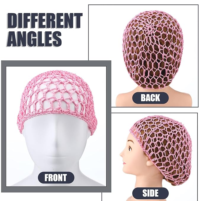 Geyoga 4 Pieces Mesh Crochet Hair Net Rayon Knit Snood Hat Thick Short Women Hairnet Snoods Cover Ornament for Sleeping (Black,Purple,Blue,Pink)