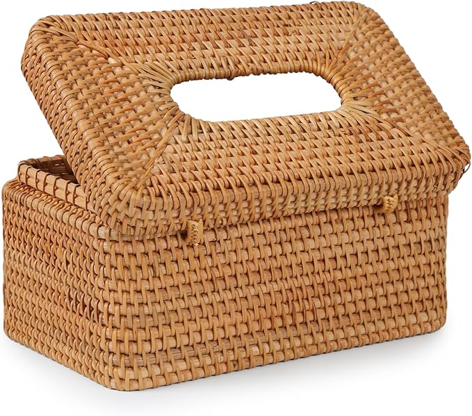 Rattan Rectangular Tissue Box Cover, 10.8" x 6.7" x 5.5", Decorative Woven Facial Tissue Holder with Hinged Top Lid, Natural Color
