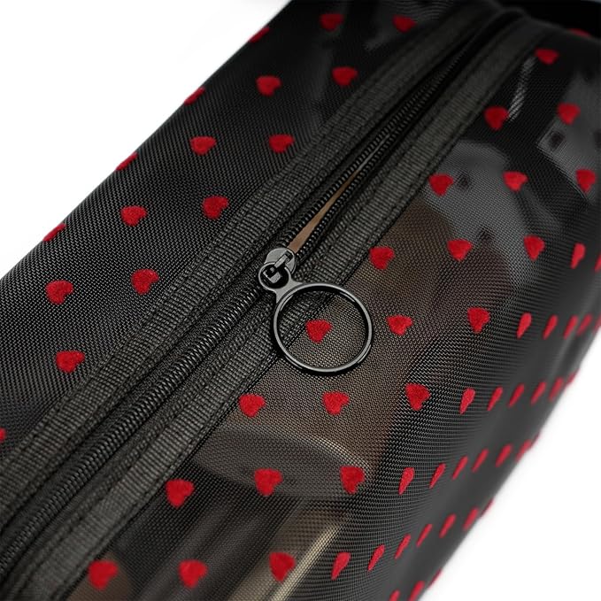 Portable Mesh Makeup Bag with Zipper Small Travel Toiletry Bag Lightweight Cosmetic Pouch (Black&Red Heart with Handle)