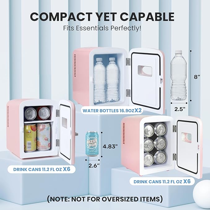 HealSmart 4L Mini Fridge with Observation Window, 6 Can Capacity, Freon-Free and Portable Cooler and Warmer, Cosmetics/Food/Beverage, Pink