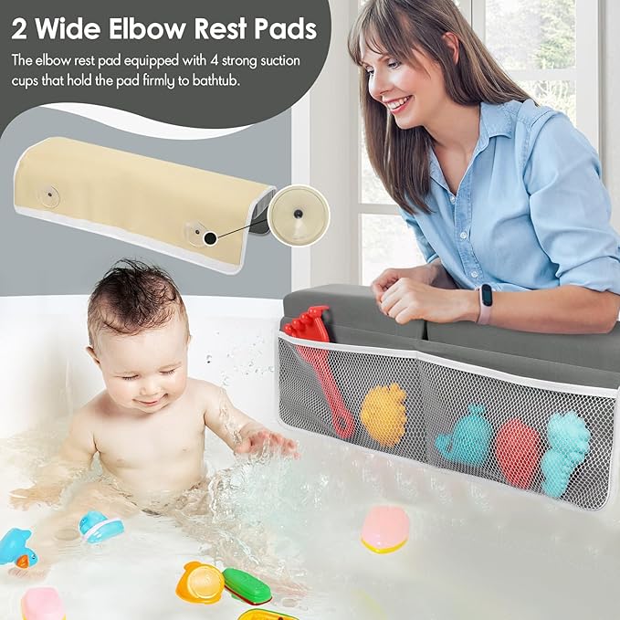 Bath Kneeler and Elbow Rest Pad Set - 2-Inch Thick Comfortable Baby Bath Kneeler Pads, Quick-Dry Non-Slip Bathtub Mat with Toy Organizer for Knee & Arm Support for Baby Bath Time