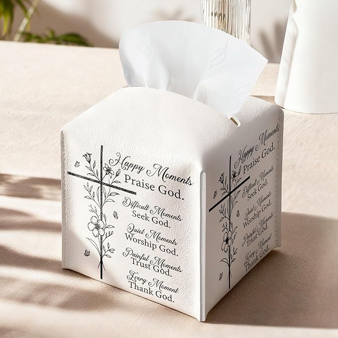 Christian Bible Verses Tissue Box Cover Square, Inspirational Quotes Waterproof Leather Tissue Box Holder, Cross Paper Facial Tissue Box Covers Cube for Office Bathroom Home Prayer Room Decor