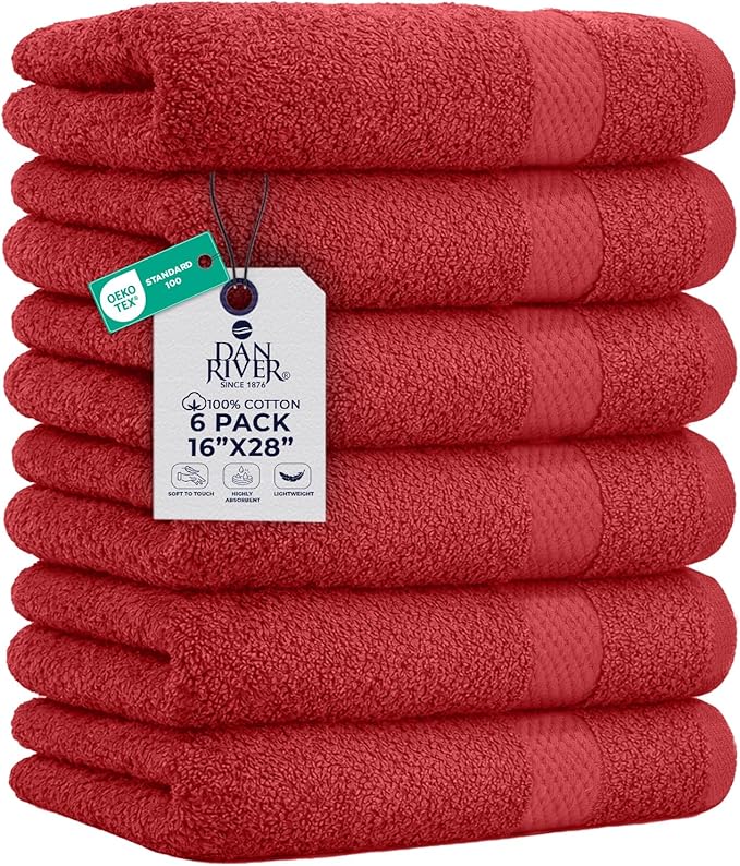 DAN RIVER 6-Pack Premium Hand Towels (16x28 Inches) - 100% Cotton, Ultra Soft, Lightweight, Highly Absorbent Towels for Bathroom, Spa, Gym, Salon, Hotel, and Travel - Red