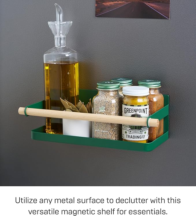 YAMAZAKI Home Tosca Magnetic Spice Storage Rack Organizer For Fridge - Steel + Wood
