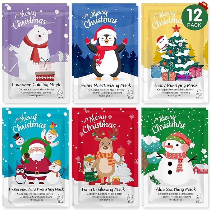 12 Pack Christmas Stocking Stuffers Facial Masks, Sheet Face Masks Skincare, Hydrating Facial Masks Set for Women Skin Care, Bulk Christmas Gifts for Women