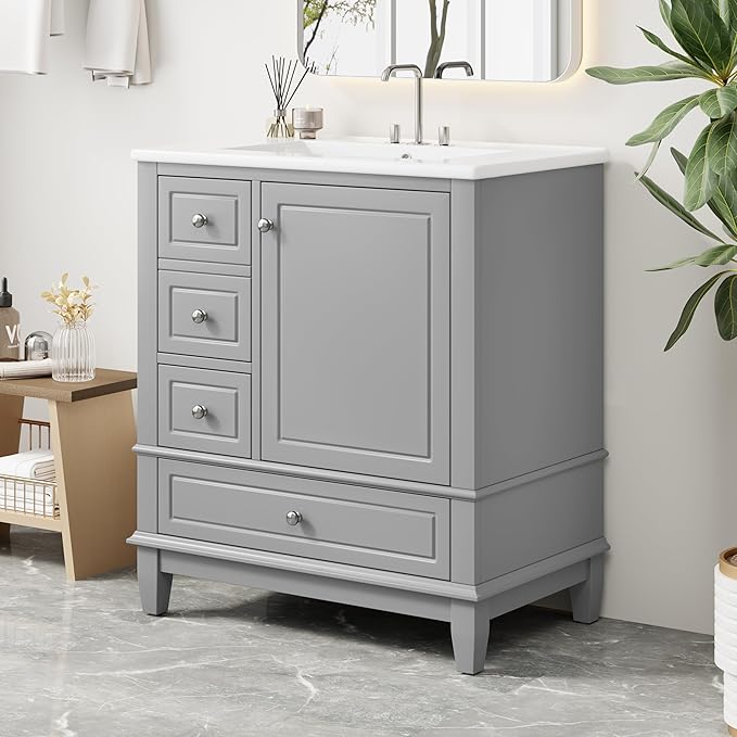 Harper & Bright Designs 30" Bathroom Vanity with Sink, Free Standing Single Vanity Set with 3 Drawers and One Door with Storage Racks, Solid Wood Storage Cabinet with Ceramic Basin for Bathroom, Grey