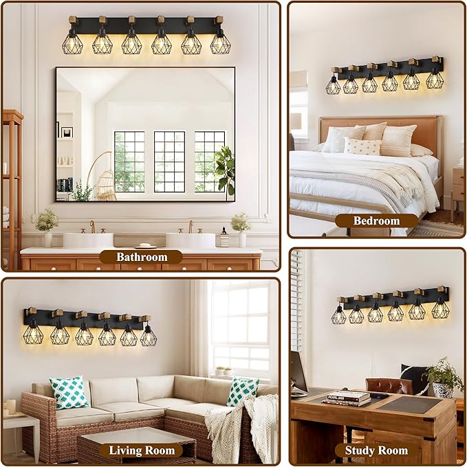 Farmhouse Bathroom Vanity Light Fixtures, 6-Light Wood Bathroom Light Fixtures Over Mirror, Rustic Sconces Wall Lighting with Elegant Metal Lampshade for Living Room, Bedroom, Hallway