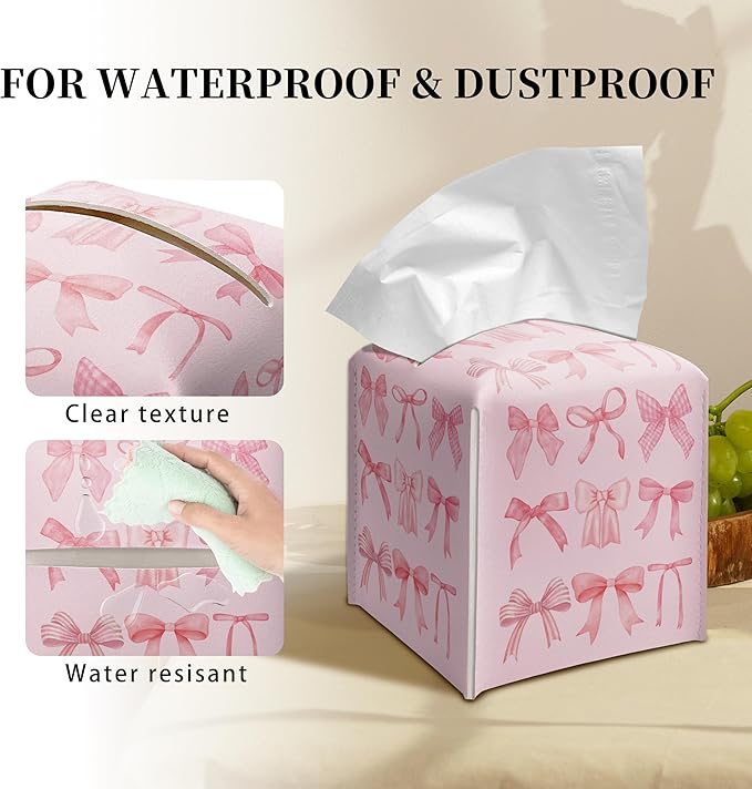Grace Yonks Cute Tissue Box Cover Square - Allover Pink Bow Design 5.2" PU Leather Holder for Vanity, Desk, or Bathroom Counter - Cube Case for Facial Tissues(009)