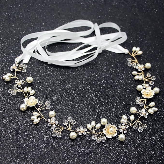 Hairband, Gold 2PCS, Wedding Hair Accessory for Flower Girls, Princess Headpiece, Pearl Headband, Women Headbands