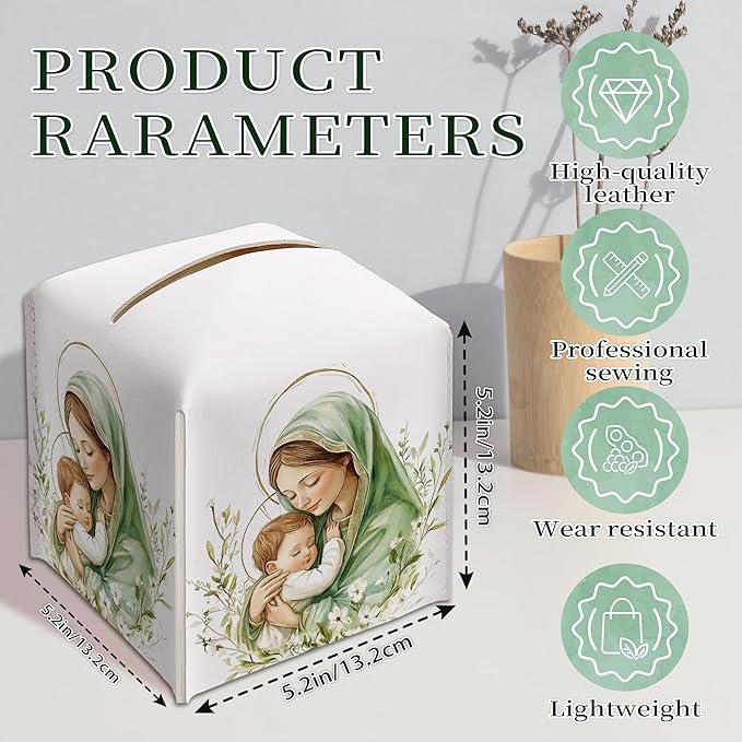 Holy Infant & Virgin Mary Square Tissue Box Cover, PU Leather Drawstring Bottom, for Office, Bathroom, Home Prayer Room, Christian & Catholic Friends, Colleagues, Employees | Decorative Organizer