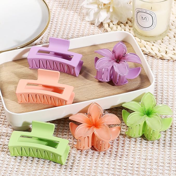 Flower Hair Clips for Women Square Claw Clips for Girls 2 Styles Hair Claw Clips for Thick or Thin Hair 6 PCS Hawaiian Hibiscus Rectangle Large Plumeria Medium Hair Accessories for Women (Purple)