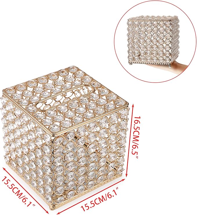 Sumnacon Crystal Square Tissue Box Cover - Sparkling Glass Cube Tissue Box Holder, Decorative Facial Tissue Holder for Bedroom Bathroom Vanity Dresser Night Stand Table Office Home Decor, Gold