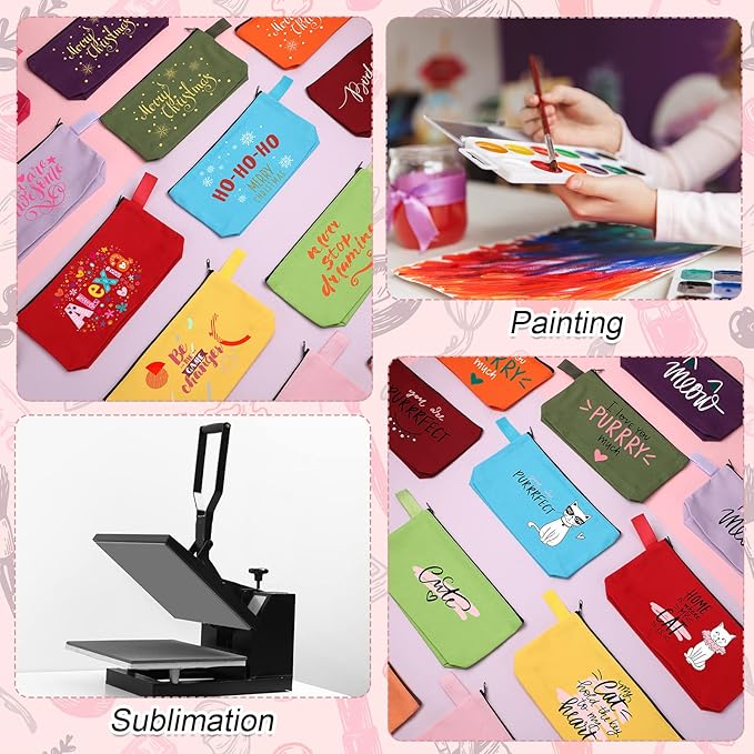 Reginary 60 Pcs Multicolor 60 Pieces Canvas Makeup Bags Bulk Portable Travel Cosmetic Pouch Multipurpose Blank Toiletry Bag with Zipper for Women DIY Craft (7.5 x 5 x 2 Inch)