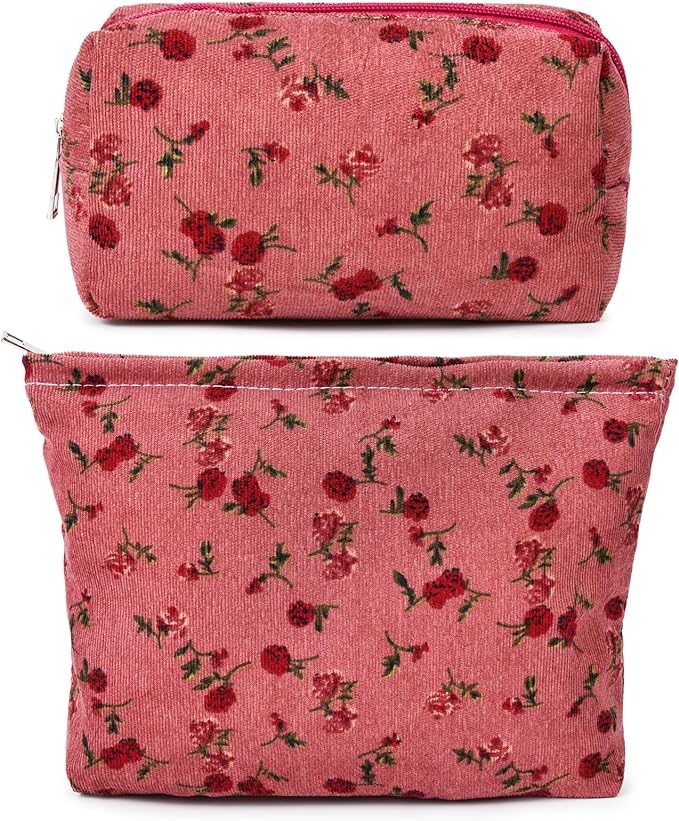 SOIDRAM 2 Pieces Rose Makeup Bag Large Cosmetic Bag Capacity Canvas Mix Travel Toiletry Bag Organizer Cute Makeup Brushes Aesthetic Accessories Storage Bag for Women, Rose Mix Green Red