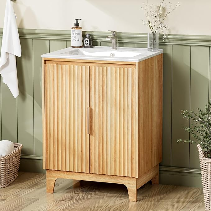 VINGLI 24 Inch Bathroom Vanity with Sink, Mid Century Modern Fluted Vanity Cabinet with Ceramic Basin, Small Free Standing Combo for Powder Room, Soft Close Doors, Natural Oak
