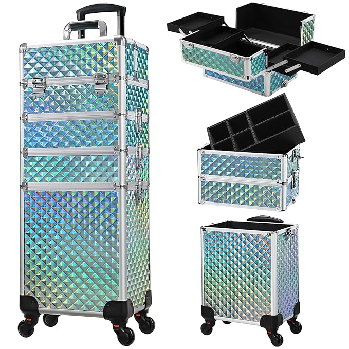 Stagiant Rolling Makeup Case Cosmetology Case on Wheels 4 in 1 Makeup Travel Case Large Cosmetic Organizer Storage with Key Swivel Wheels Nail Artist Salon Traveling Cart Trunk Watery Blue