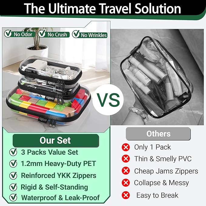 Clear Hard Shell Zipper Case 3 Pack, Hard Plastic Bag, Clear Travel Toiletry Pouch,Portable Cosmetic Bag with Zipper,Toy Storage Bins, Pencil Storage Organizer, Office Supplies Storage Case