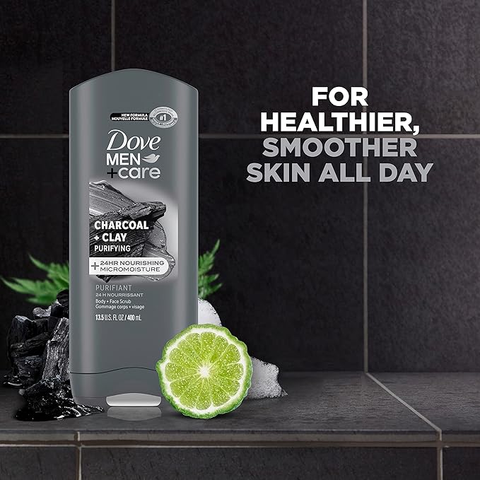 DOVE MEN + CARE Purifying Charcoal + Clay Body and Face Wash with 24-Hour Nourishing Micromoisture Technology Body Wash for Men, 13.5 oz (Pack of 2)
