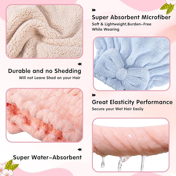4 Pack Microfiber Hair Towel Cap,Super Absorbent Hair Towel Wrap Drying Hair Cap,Soft Microfiber Hair Drying Towel Cap with Bow-Knot,Anti Frizz Hair Turban Wrap for Curly Long Wet Hair