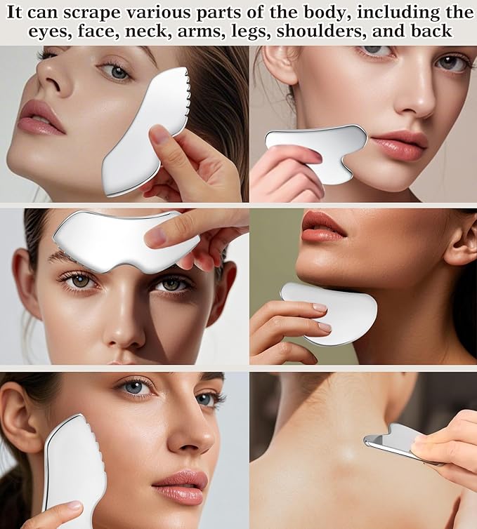Gua Sha Facial Tools, 3 in 1 Stainless Steel Metal Guasha & Eye Cream Applicator Facial Sculpting Tool Set Eye Massager Lymphatic Drainage for Face Neck (Plastic Box 3, Count, 3)