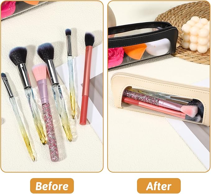 2Pcs Clear Makeup Brush Bag, Leather Slim Makeup Case, Portable Transparent Waterproof Cosmetic Pouch with Zipper, Double Sided Clear Bag for Women Travel Storage (White, Black)
