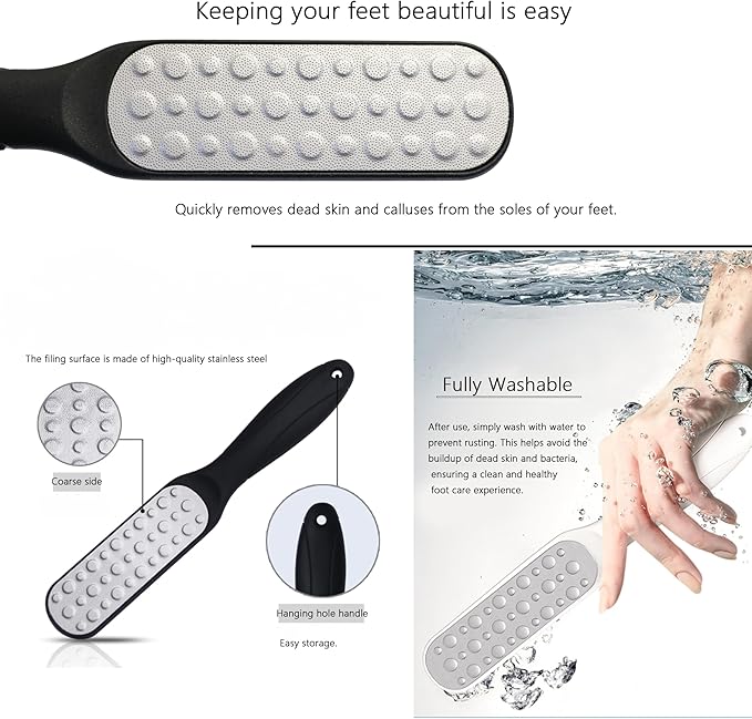 Dual-Sided Professional Pedicure Foot File - Stainless Steel Callus Remover for Hard Skin, Dry and Wet Use, Home or Salon Care, 2 Pack (White & Black)