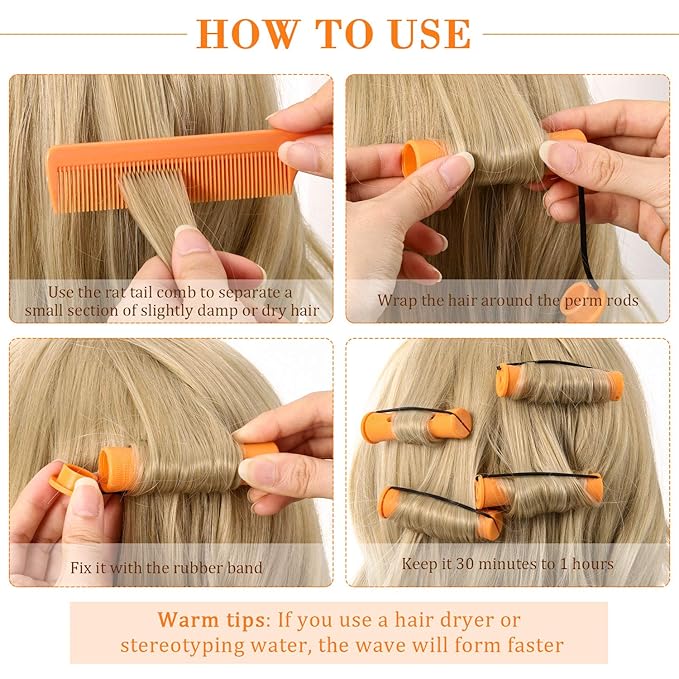 Chuangdi 24 Pcs Hair Perm Rods Plastic Cold Wave Perming Curlers Hair Rollers with Steel Pintail Comb Rat Tail Comb Tools for Hairdressing Styling(Orange,0.87inches)