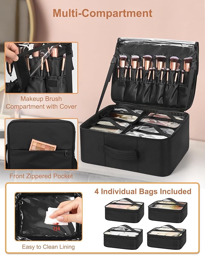 Relavel Makeup Bag Travel Train Case Makeup Backpack with 4 Clear Bags & Makeup Brush Case, Professional Makeup Artist Kit Set Bags, Cosmetics Storage Organizer Box with Adjustable Dividers, Black