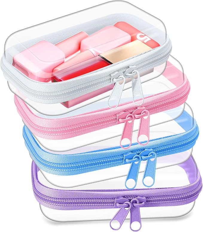 Hoolerry 4 Pcs Hard Clear Zipper Case Makeup Bags Plastic Zipper Pouch Transparent Storage Box Containers for Cosmetics, Snacks, Building Blocks, Puzzles(Clear,5 x 3 x 2 in,Multicolor)