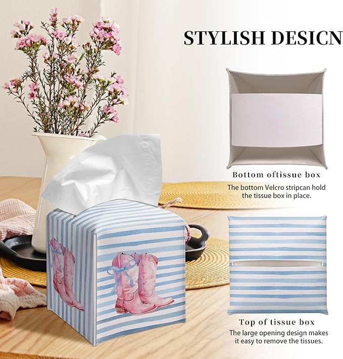 Grace Yonks Cute Tissue Box Cover Square - Pink Cowgirl Boots & Blue Bow Design 5.2" PU Leather Holder for Vanity, Desk, or Bathroom Counter - Cube Case for Facial Tissues(006)