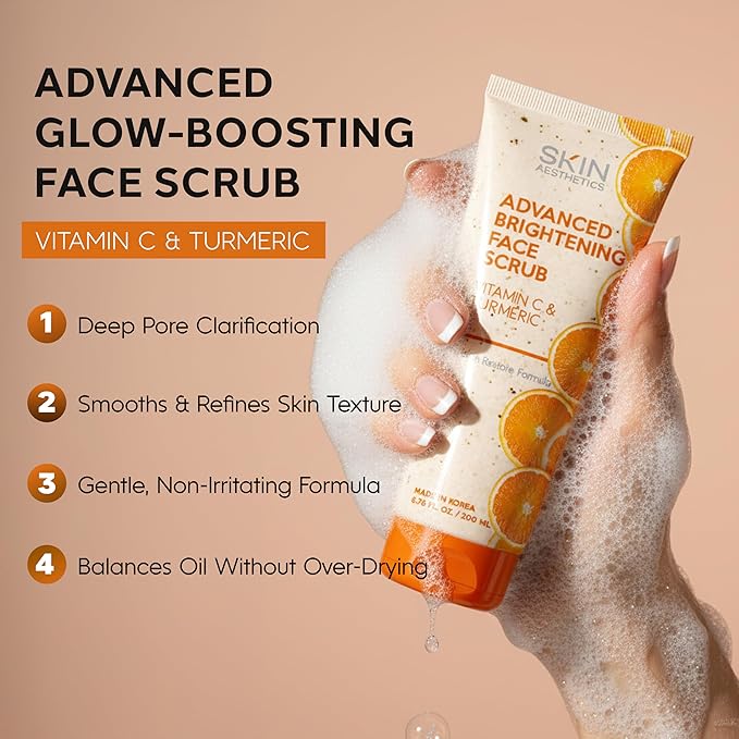 Vitamin C & Turmeric Face Scrub – Gentle Exfoliator For Dark Spots, Uneven Tone & Glowing Skin – Dermatologist Tested, Anti-Aging, Korean Skin Care – Clean Beauty, Vegan – 6.76 Fl Oz