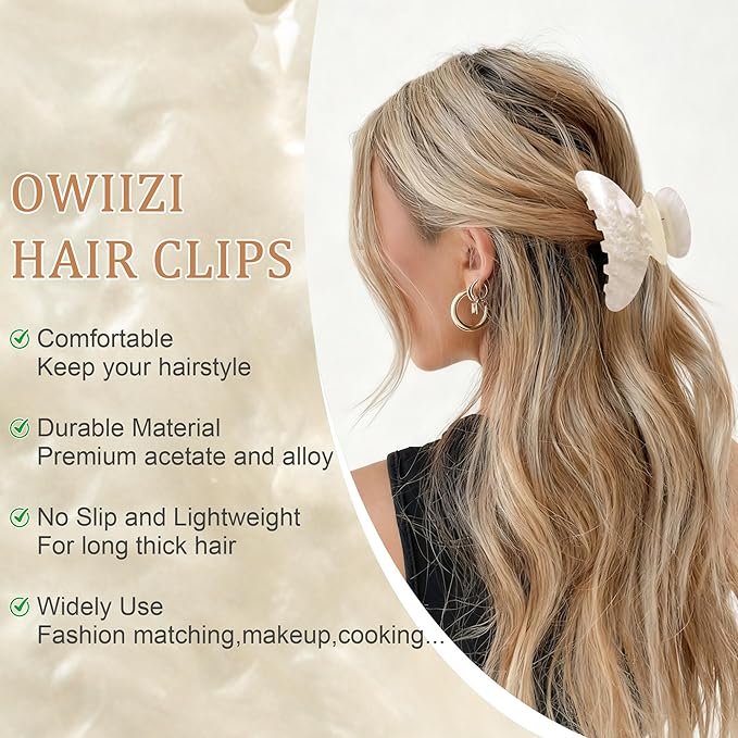 OWIIZI Durable Acetate Hair Clips for Women 4.13" Cute Hair Claw Clips Ponytail Barrette Strong Hold Acrylic Butterfly Jaw Hair Accessories for Girls Long Thick Hair(White)