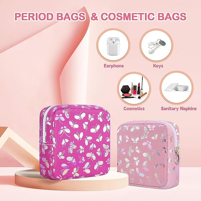 Tampon Holder for Purse, Leather Sanitary Napkin Storage Bag Period Bag Gift for Girls Women, Portable Sanitary Napkin Period Pad Pouch Tampon Bags for Purse(Rose red Butterfly)