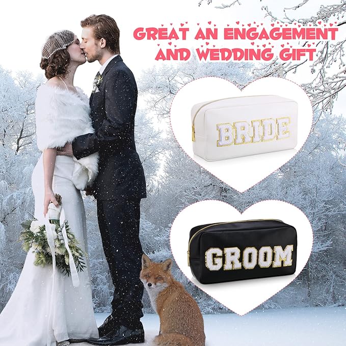 Oudain 2 Pcs Bride and Groom Makeup Bag Letter Patch Cosmetic Travel Toiletry Bag Women PU Leather White Portable Bride Purse Wedding Pouch for Bridal Shower Gift Bachelorette Party Favor