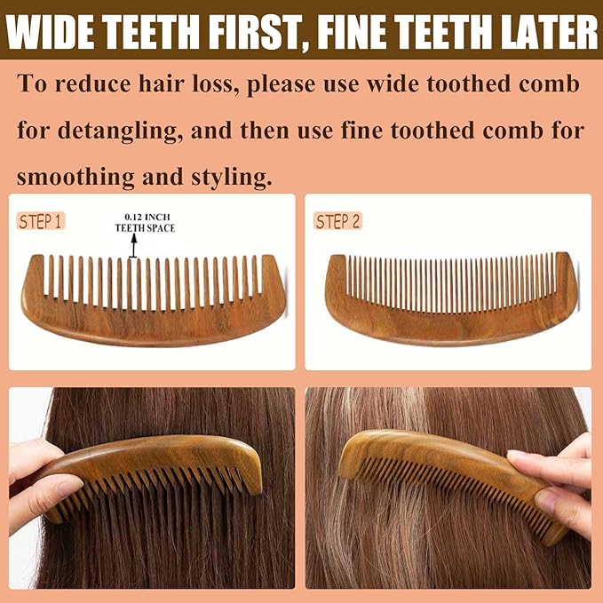 2 Pack Wooden Comb, Beard Comb for Men, Hair Combs for Women - Green Sandalwood