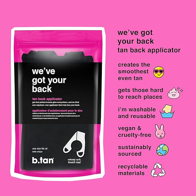 b.tan Back Self Tanning Applicator | We've Got Your Back - Best Sunless Tanner Body Mitt w/Handles, Streak-Free, Velvety Soft, Reusable, Washable, Great for Foam, Mousse, Gradual Lotion, & Drops