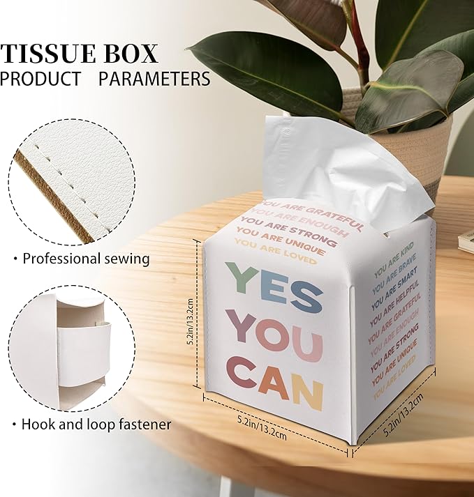 Grace Yonks Cute Motivational Tissue Box Cover Square, Cube Case for Facial Tissues, 5.2" PU Leather(077)