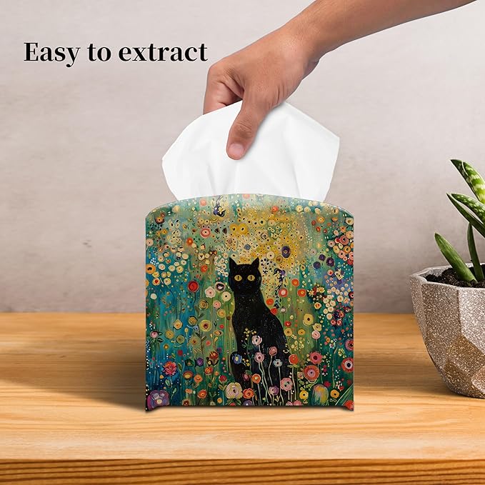 Grace Yonks Cute Tissue Box Cover Square - Black Cat in Whimsical Flower Garden Print Design 5.2" PU Leather Holder for Vanity, Desk, or Bathroom Counter - Cube Case for Facial Tissues(025)