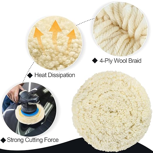 6 PCS Wool Buffing Polishing Pads - 6 Inch Natural Wool Cutting Pads With Hook and Loop Backing, Compound & Polishing for Automotive Car Boats Glass Furniture Body Repair