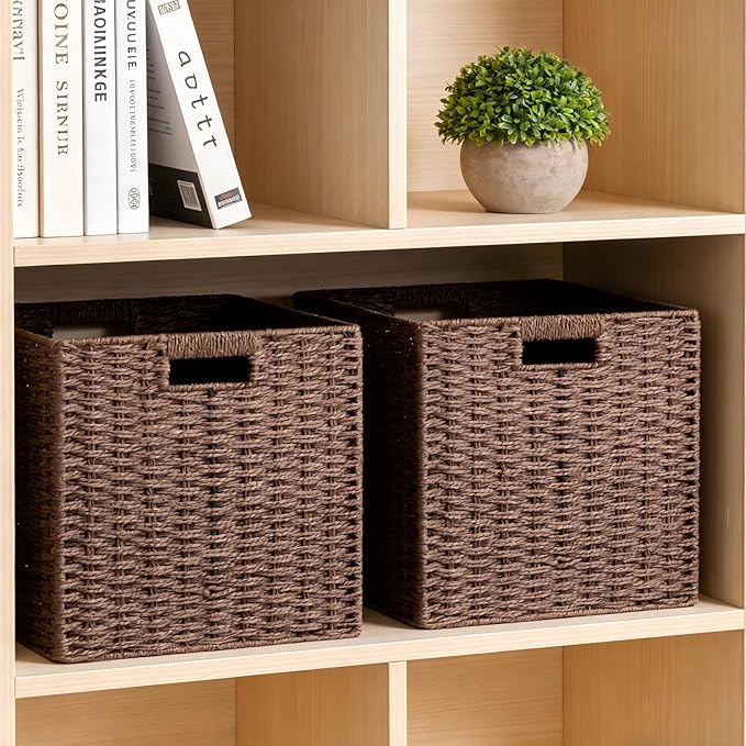 UBBCARE 2 Pack Wicker Basket, 11L×11H×10.5W inch Woven Paper Rope Storage Baskets for shelves, Foldable Cube Storage bin with Handle, Storage Basket for Organizing (Dark Brown, Cube-2pack 11")