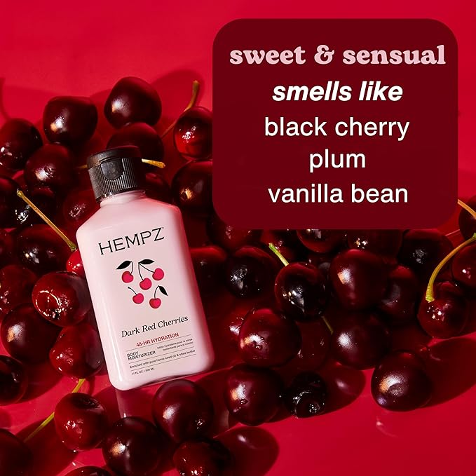 Hempz Cherry Body Lotion, Ultra Hydrating Daily Moisturizer, Self Care for Dry Skin and Hands, Dark Red Cherries, 17 oz.