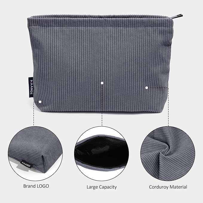 MAANGE Small Makeup Bag For Purse, Travel Cosmetic Bag Makeup Pouch Corduroy Portable Versatile Zipper Pouch For Women(GRAY)