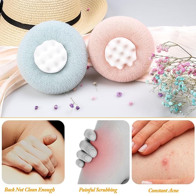 2Pcs Upgrade 2-in-1 Sunflower Bath Ball,Soft Bath Ball with Hanging and Adsorbable Suction Cup，Exfoliating Bath Sponges for Shower Women Men (Pink+Blue-Green)