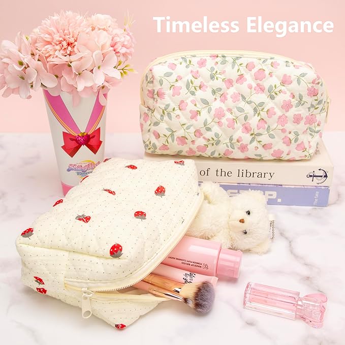PAZIMIIK 2PCS SET Vintage Quilted Makeup Bag Cosmetic Pouch for Brushes Pencils and Travel Make Up Accessories for Women and Girls Gauze Strawberry