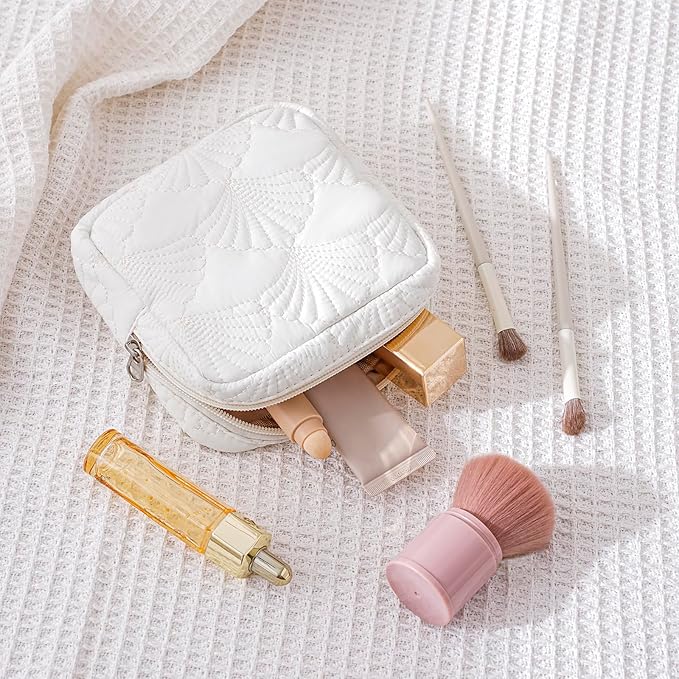 Small Quilted Cosmetic Pouch for Purse, Mini Cotton Makeup Bag with Compartments, Cute Zipper Lipstick Holder for Women (16Seashell)