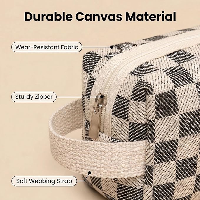 3 Pcs Canvas Makeup Bag Set Checkered Cosmetic Pouch for Women Travel Toiletry Bag Cute Makeup Organizer Purse Pouch Preppy Pencil Case with Zipper (Checkered Black)