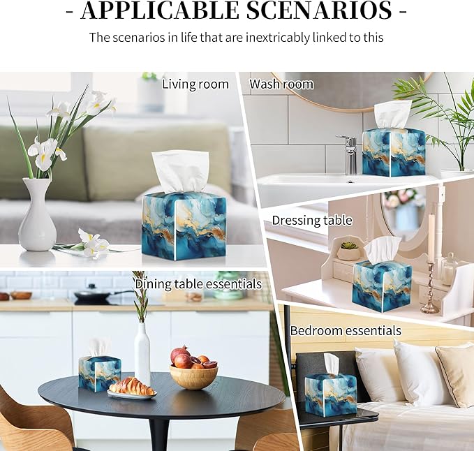 Blue Gold Marble Tissue Box Cover Square,Abstract Liquid Marble Texture Tissue Box Holder Waterproof Leather Facial Paper Organizer Dispenser for Bathroom Home Car Nightstand Vanity Desk