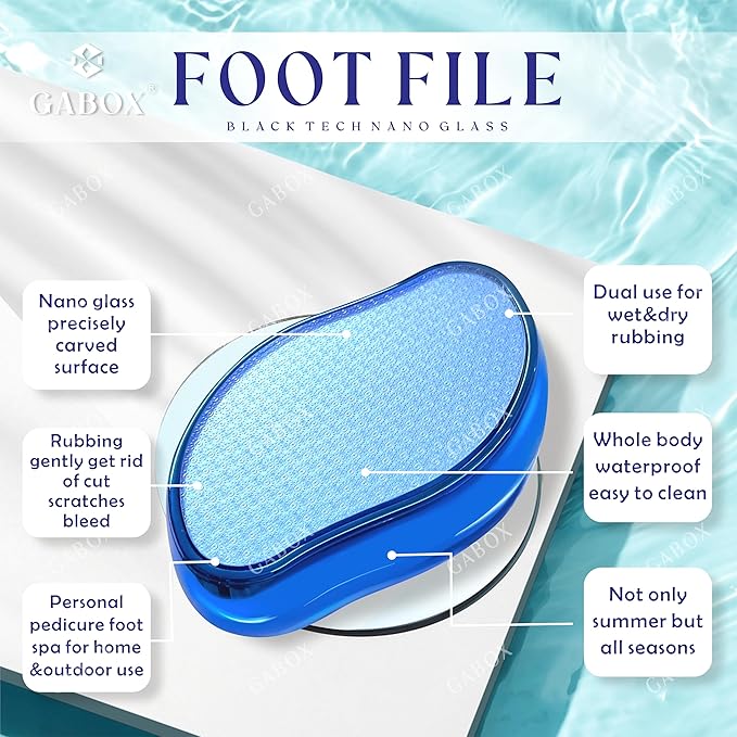 GABOX Nano Glass Pro Foot File - Callus Remover for Feet - Heel Foot Scrubber Dead Skin Exfoliator - Pedicure SPA Tool for Women & Men - Removedor de Callos en Los Pies - Crystal Blue